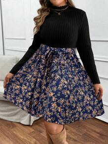 SHEIN VCAY Plus Size Apricot Knit Long Sleeve Stand Collar Patchwork Ditsy Floral Dress, Versatile & Casual Bohemian Style For Autumn/Winter
