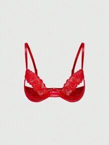 ROMWE Romantic Valentine's Day Heart Lace & Satin Patchwork Underwire Lingerie Set - Red - View 5