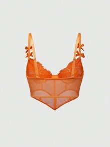 ROMWE Avant Y2K Lace Mesh Patchwork Bow Underwired Chain Open Crotch Lingerie Set, Sexy Roleplay - Orange - View 7