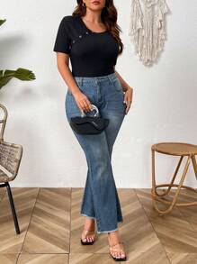 SHEIN LUNE Plus Size Women Valentine's Day Knitted Button Up Short Sleeve Casual Bodysuit, Cooling Dress, Stress Relief Outfit, Evening Long Gown, Elegant Fashion Sleepwear