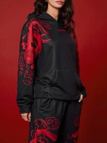 Manfinity Unisex 2pcs Set Unisex 2025 Chinese New Year Of The Snake Print Pattern Knit Loose Drop Shoulder Crew Neck Hoodie & Drawstring Waist Sweatpants, Casual Outfit