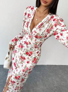SHEIN Unity 纽扣装饰前拉链长袖深 V 领花卉印花连衣裙 - 白色 - 查看 4