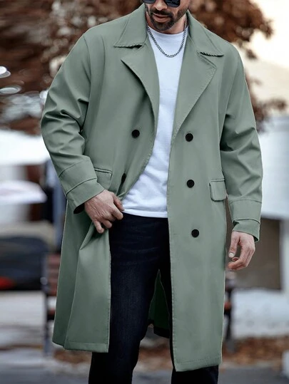 Manfinity Homme Plus Size Men Solid Color Double-Breasted Trench Coat, Fall