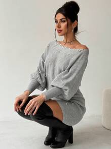 Firerie Women Elegant Gray Autumn Faux Pearl Sweater Dress,Batwing Sleeve Winter Clothes For Christmas Party,Business Commuting New Years Outfit,Brunch Dress - Light Grey - View 5