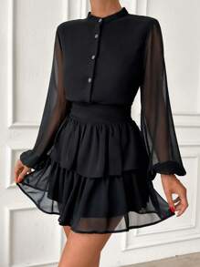 EURMUSE Fashionable Chiffon Balloon Sleeve Ruffles Hem Short Dress, Easy To Fit - Black - View 5
