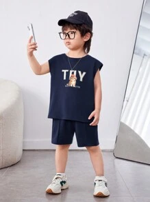 SHEIN Ensemble 2 pièces en tricot pour jeune garçon, style coréen décontracté, avec haut à imprimé animal et lettres, et short unicolore avec poche - Bleu marine - Voir 3