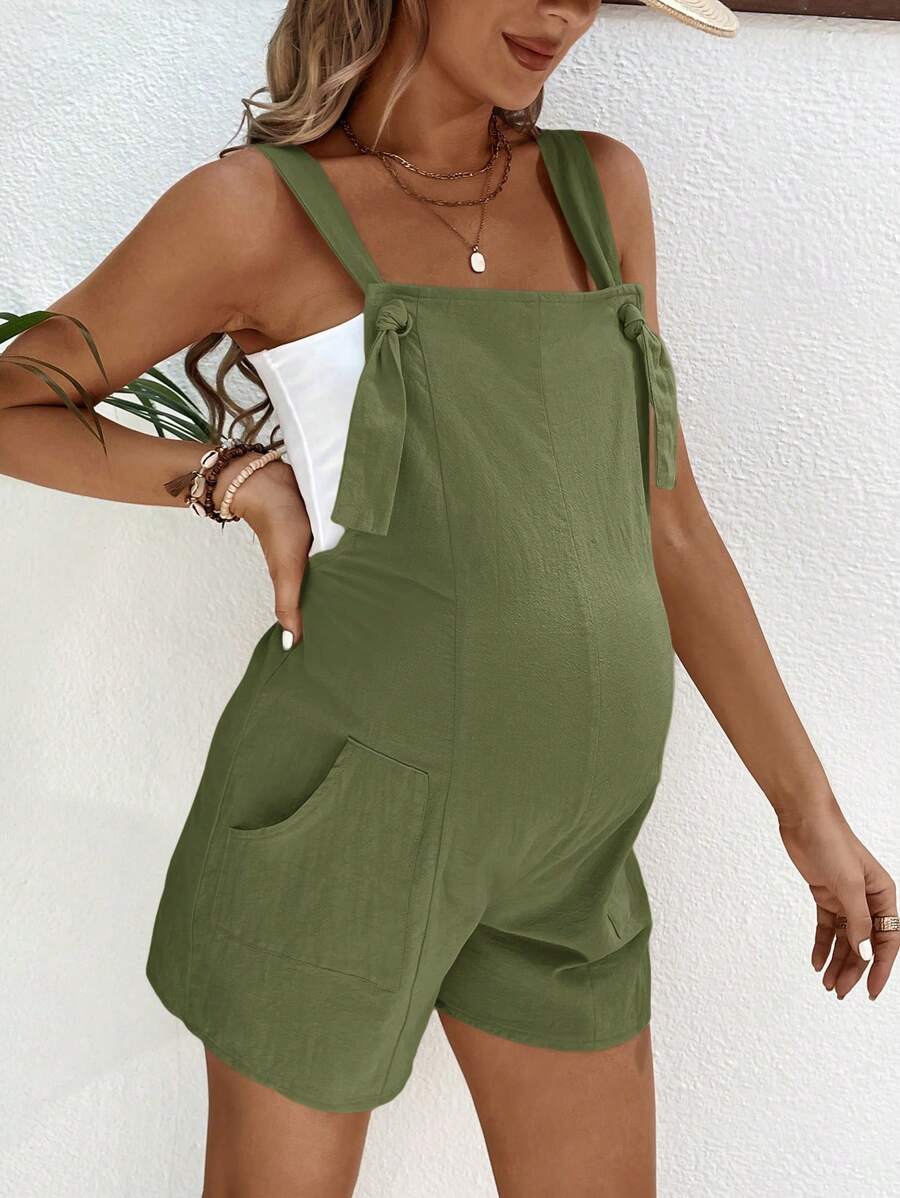 SHEIN Maternity Solid Color Pocket Casual Loose Romper - Army Green - View 1
