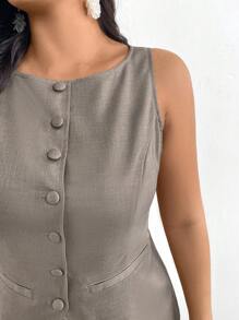 Firerie Plus Size Women's New Commuter Fake Pocket Decor Boat Neck Khaki Valentine Suit Vest Open Front Jacket & Suit Pants 2 Pieces Set