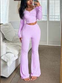 Sweet Ins Style Women 2pcs Pajama Set - Purple - View 5