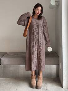 DAZY 女士纯色圆领长袖简约休闲长款针织毛衣连衣裙，秋季女装 - 灰色 - 查看 6