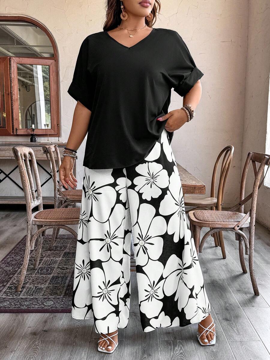 SHEIN LUNE 2 件/套大码女式编织纯色蝙蝠袖 T 恤和松紧腰宽松花卉印花裤，优雅休闲度假装 - 黑色 - 查看 1