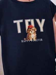 SHEIN Ensemble 2 pièces en tricot pour jeune garçon, style coréen décontracté, avec haut à imprimé animal et lettres, et short unicolore avec poche - Bleu marine - Voir 4