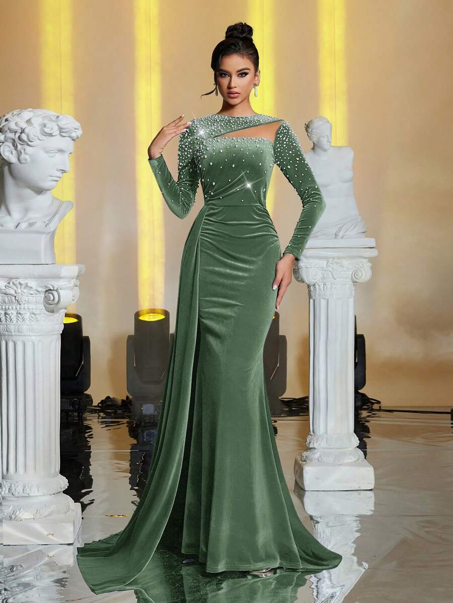 Glamrae Velvet & Mesh Gradient Beaded Mermaid Hem Trailing Formal Gown For Evening Party, Wedding Guest Dress - Green - View 1