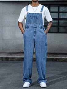 Manfinity Homme Men's Pocketed Wide Leg Loose Casual Denim Bib Overalls - Medium Wash - View 7