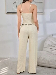 Conjunto de 3 piezas de pijama para mujer: Camisola con estampado jacquard y lazo de color contrastante, pantalones y bata de estar por casa