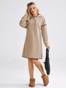 SHEIN LUNE Women's Casual Thicker Straight Loose Hooded Knit Mini Dress, Fall/Winter 2024 New Collection - Brown - View 1