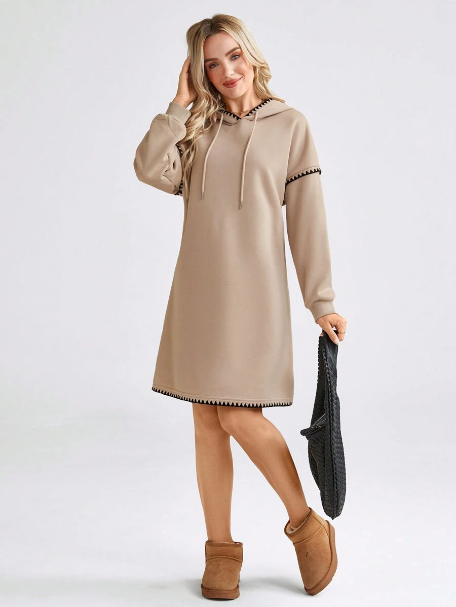 SHEIN LUNE Women's Casual Thicker Straight Loose Hooded Knit Mini Dress, Fall/Winter 2024 New Collection - Brown - View 1