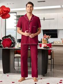 CoupledUp Contrast Color Pocket Short Sleeve Shirt & Pants Men's Sleepwear Set With Letter Embroidery - Red - View 6