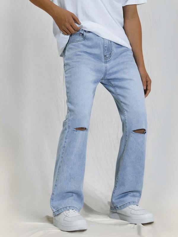 Denimly Tween Boy Casual Urban Street Daily Straight Jeans, With Elastic Waist , Classic Five Pockets, Ripped Details.