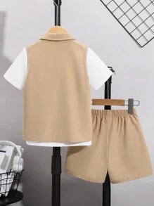 SHEIN Leap Crew 3 件套男童实用背心、短裤和 T 恤套装 - 卡其色 - 查看 2