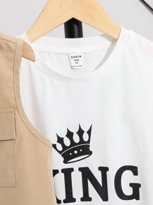 SHEIN Leap Crew 3 件套男童实用背心、短裤和 T 恤套装 - 卡其色 - 查看 3