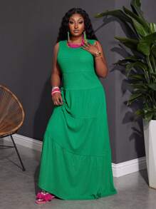 Slaydiva 新款锐舞/复活节女装、复古富家女装、乡村音乐会装、外出装、仙女风、音乐节装、热带度假女装、夏季女装、夏季、锐舞、欧洲夏季、春季装、西部风女装（大码）、音乐会装、毕业典礼装、百搭休闲简约大码纯色无袖褶皱长裙 - 綠色 - 查看 5