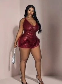 Slaydiva Plus Size Women Holiday Solid Color Sequin Decorated Romper,Valentine's Day