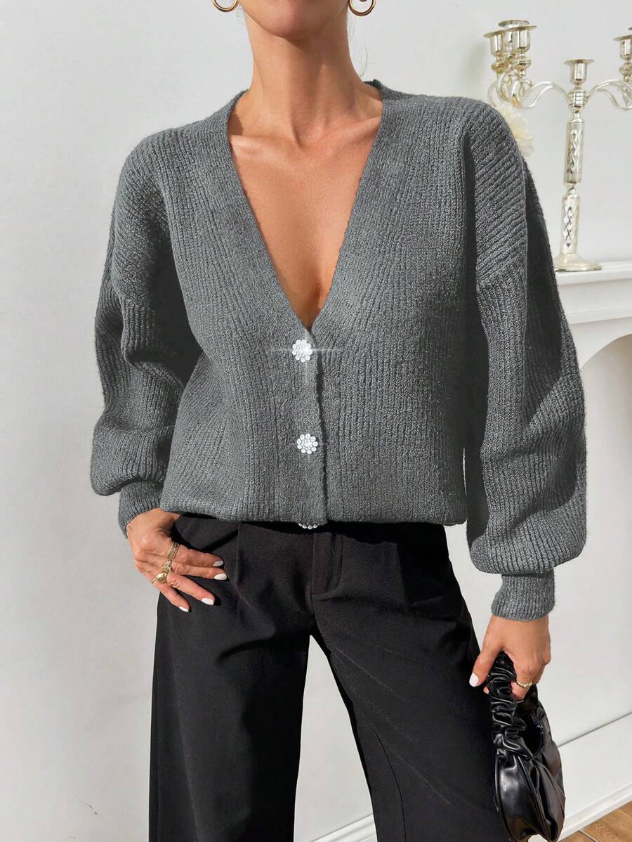 SHEIN Cottnline Women Rhinestone Flower Button Detailed Soft Touch Elegant Chick Cardigan - Dark Grey - View 1