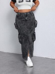 SHEIN Essnce 大码宽松休闲牛仔迷你裙，黑色 - 黑色 - 查看 2