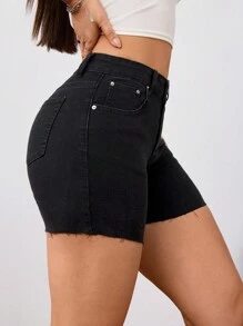 SHEIN Essnce Pantaloni scurți din denim versatil, ocazional, de zi cu zi - Negru - Vizualizare 4
