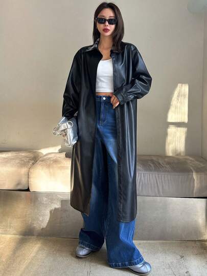 DAZY Women's Spring/Summer Polyurethane Mid-Length Valentine's Day Dress Fall,Winter Leather Jacket