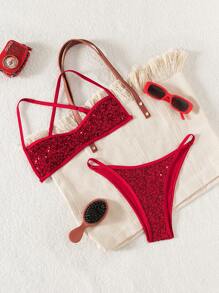 Swim SXY Springbreak Women Beachwear Summer Outfits Sequin Shoulder Sexy Bikini Set, Festival Boho - Red - View 3