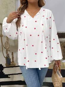 SHEIN LUNE Plus Size Women's Five-Star Print V-Neck Tie Front Long Sleeve Casual Shirt, Spring/Summer - Red and White - View 7