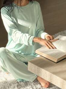 DAZY 2pcs Loose, Soft & Comfortable Solid Color Women Pajamas Set, Home Wear - Mint Green - View 4