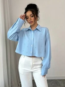 Elenzga Long Sleeve Shirt With Decorated Collar Design - Blue - View 6