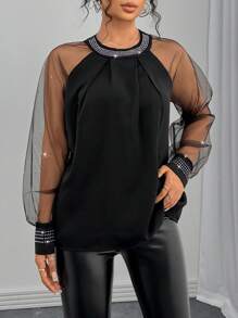 Chiquease Women's Rhinestone Party Round Neck Mesh Patchwork Black Blouse, Versatile - Black - View 6