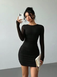 Aloruh Robe moulante mini noire à col rond et manches longues en maille bordeaux. Femmes, couleur unie, automne/hiver