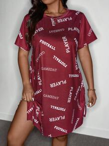 SHEIN LUNE Plus Size Women Round Neck Short Sleeve Casual Letter Print T-Shirt Dress Summer Outfits For Women Summer Boho Old Money - Red - View 4
