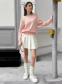 Jouncy Suéter holgado y casual de unicolor con hombro oblicuo y manga larga para mujer, apto para otoño/invierno
