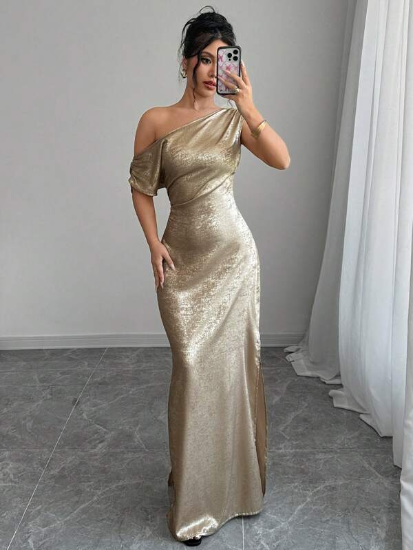 Elenzga Robe de soirée sans manches à encolure asymétrique, taille cintrée, élégante et romantique pour femmes, tenue longue