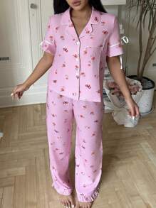 Women Floral & Butterfly Print Lapel Neck Short Sleeve Button-Up Top & Pants Pajama Set - Pink - View 4