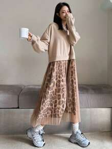 DAZY Leopard Print Mesh Patchwork Loose Mid-Length Dress For Women Cheetah Print,Fall Clothes