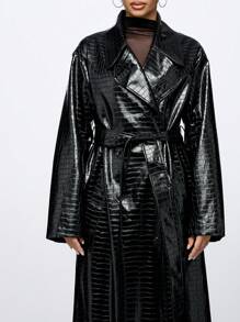 SUMWON WOMEN Luxury Patent Embossed Faux Leather Full Length Maxi Trench Coat Fall Winter Classic Double Breasted Belted Designer High Fashion Outerwear - Black - View 3