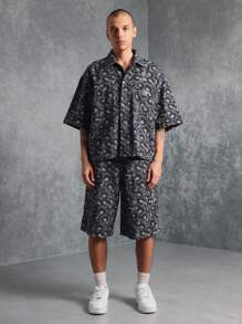 SUMWON Designer Leopard Print Denim Co-Ord Set Short Sleeve Shirt And Bermuda Shorts Street Style Urban Fashion Casual Summer Spring Outfit Streetwear Matching Set - Grey - View 1