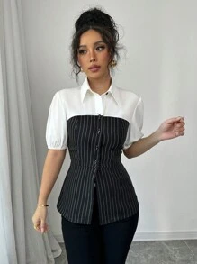 Elenzga Shirt Collar Single-Breasted 2 In 1 Striped Shirt