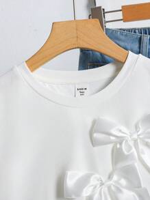 SHEIN 少女返校季校园白色圆领大蝴蝶结短袖舒适休闲T恤 - 白色 - 查看 5