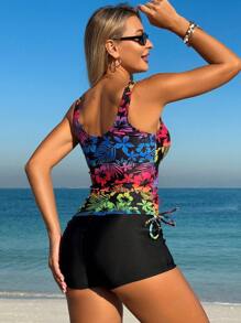Swim Lushoire Fashionable Mature Colorful Floral Print Tied Waist Summer Women's Boyleg Briefs & Round Neck Cropped Tank Bikini Set