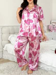 Conjunto de pijama de talla grande de manga corta y pantalón largo con estampado de corazón en tela de seda sintética