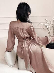 DAZY 纯色 V 领泡泡袖侧开衩中长优雅连衣裙，适合女士舞会礼服、正式女士礼服、秋季长袖连衣裙