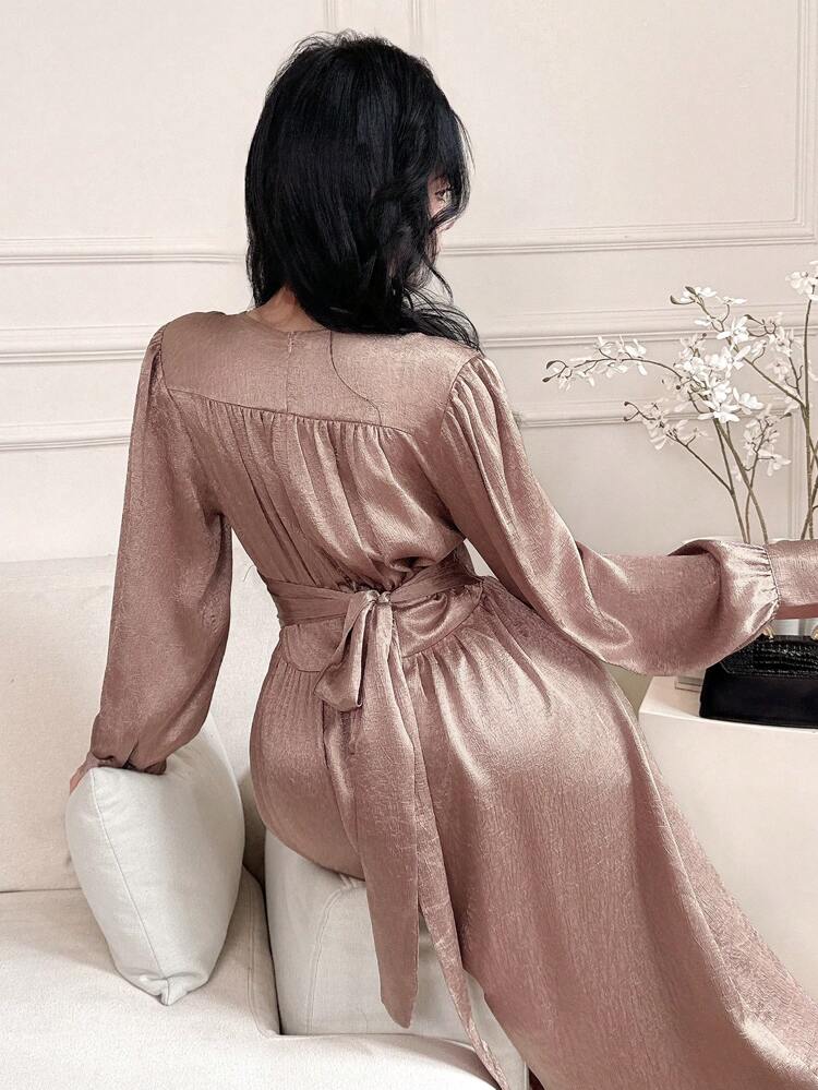 Solid Color V-Neck Puff Sleeve Side Slit Midi Elegant Dress For Women Prom Dress,Formal Women Dresses,Fall Dress Long Sleeve Dress